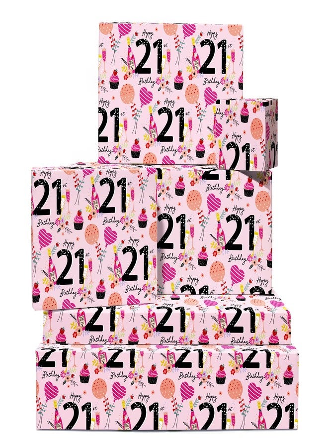 CENTRAL 23 Pink Wrapping Paper for Women - 6 Sheets of Gift Wrap - Party - 21st Wrapping Paper for Her - For Friends or Girlfriend - Age 21 - Comes with Fun Stickers - Image 1